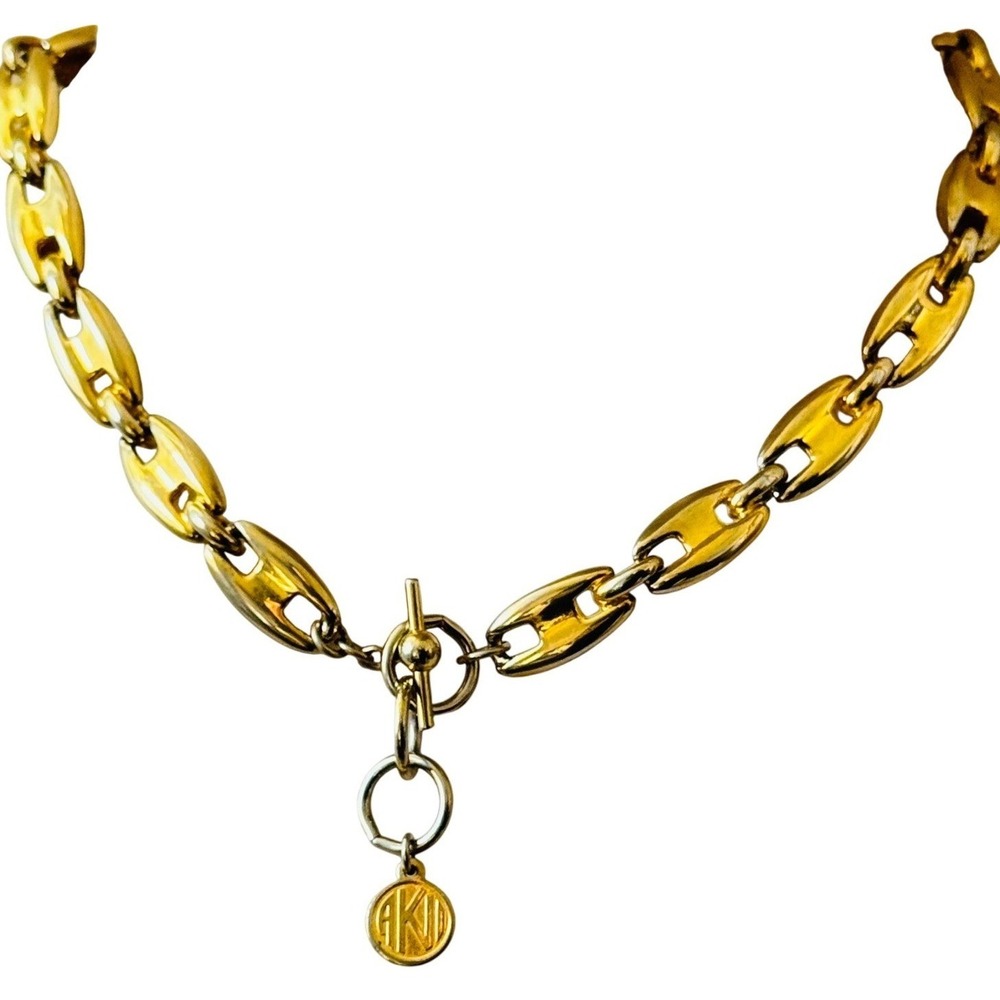 VTG Anne Klein AK oval bar Link necklace gold Choker Logo Statement toggle‎ 17"